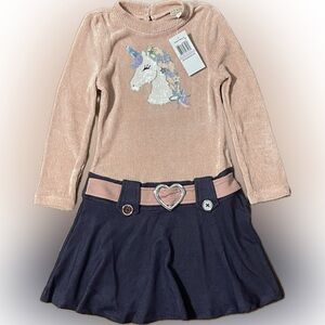 Pink & Violet ~ Soft Pink/Navy Knit Sweater Dress with Elegant Unicorn Design